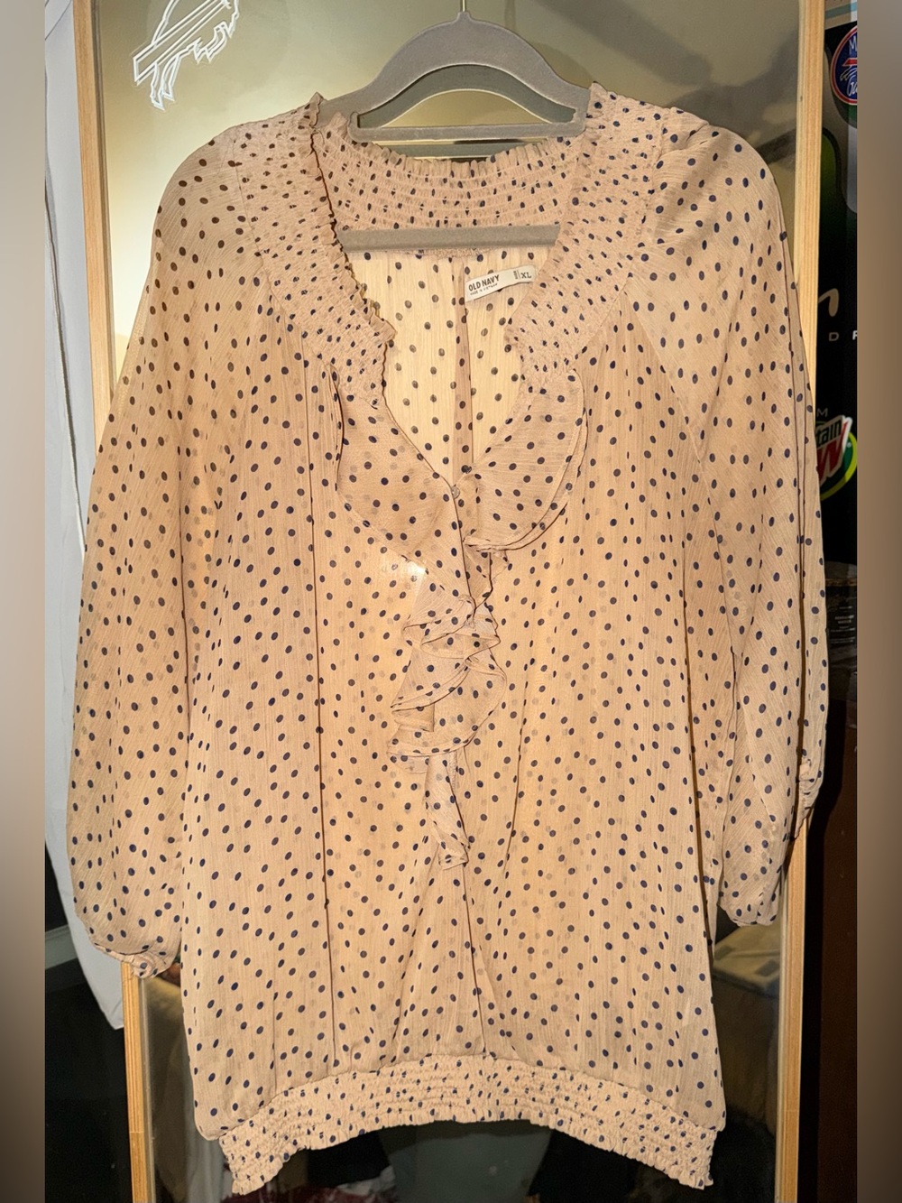 Old Navy Beige Polka Dot Ruffle Blouse